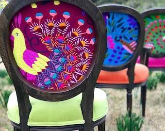 Custom Otomi Embroidered Dining Chairs | Colorful Boho Louis Style Seating | Made-to-Order Eclectic Decor