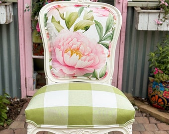 Floral French Chair – Green Buffalo Check & White Painted Frame