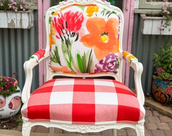 Custom Floral French Armchair | Bright Gingham Seat, Antique-Inspired