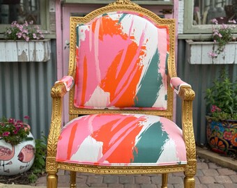 Gold Leaf French Accent Chair | Abstract Art Upholstery, Louis Style