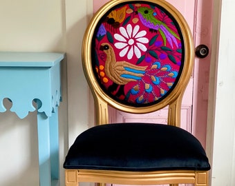 Custom Embroidered Velvet Dining Chair | Gold Frame, Otomi Style