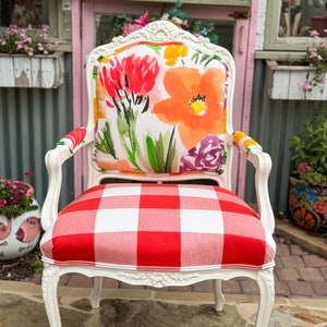 Custom Floral French Chair with Bright Gingham Seat | Colorful Antique-Inspired Armchair | Whimsical Vintage Accent Chair