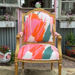 Bold Gold Leaf French Chair | Customizable Graphic Art Upholstered Accent Chair | Statement Louis Chair with Modern Flair