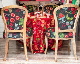 Set of 4 Dining Chairs – Rustic Frames with Whimsical Nordic Fabric