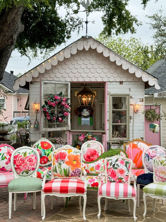 Floral French Chair – Custom Pink Accent With Buffalo Check - Etsy