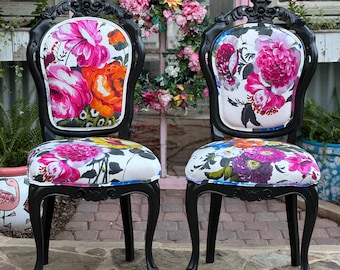 Custom Floral French Chairs | Vibrant Vintage Upholstery | Accent or Dining Seating