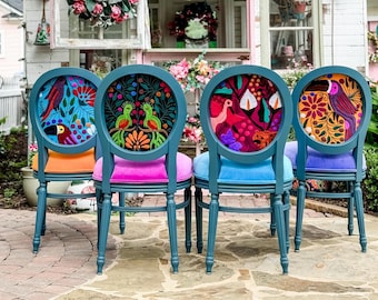 Eclectic Dining Chair Set: Boho Mexican Textile & Velvet Seats