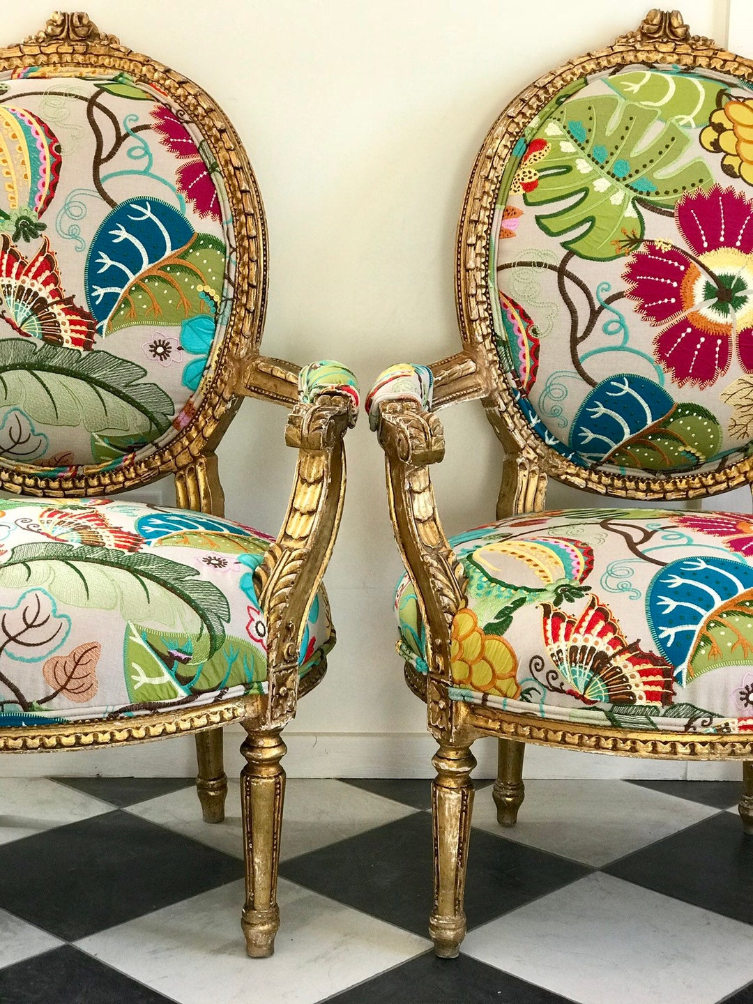Customizable French Accent Chair – Bold Floral Fabric Gold Frame