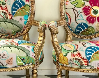 Customizable French Accent Chair – Bold Floral Fabric & Gold Frame | Whimsical, Vintage-Inspired Statement Piece