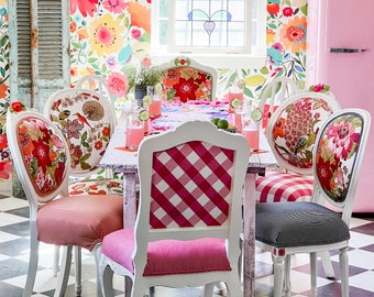 Custom French Dining Chairs | Whimsical Floral Upholstery & Painted Frame | Customizable Louis Style Seating