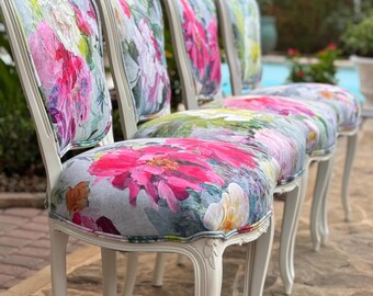 Custom Floral French Dining Chairs – Painted White, Set of 4