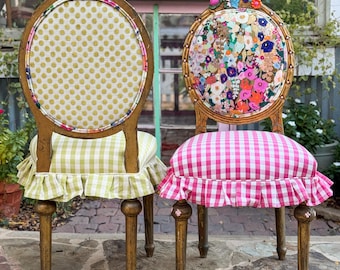 Set of 2 Floral Gingham Dining Chairs – Hand-Painted French Cottagecore Seating