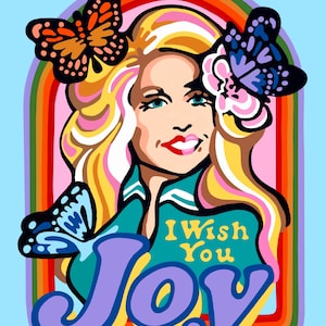 Könnte beinhalten: Eine Retro-Illustration einer Frau mit blonden Haaren und Schmetterlingen, umgeben von einem Regenbogenbogen. Der Text "I Wish You Joy" ist in einer bunten, stilisierten Schrift geschrieben.