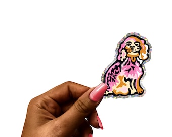 Staffordshire Dog Holographic Glitter Sticker / 3”x2.3” / Vinyl Decal / Die cut / Durable / Dishwasher Safe / Bling / Pink / Free Shipping