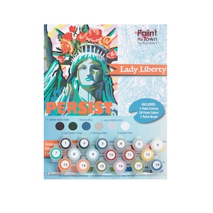 May include: Paint by numbers kit featuring Lady Liberty, a colorful illustration of the Statue of Liberty. The kit includes 18 paint colors, a paint brush, and a canvas.