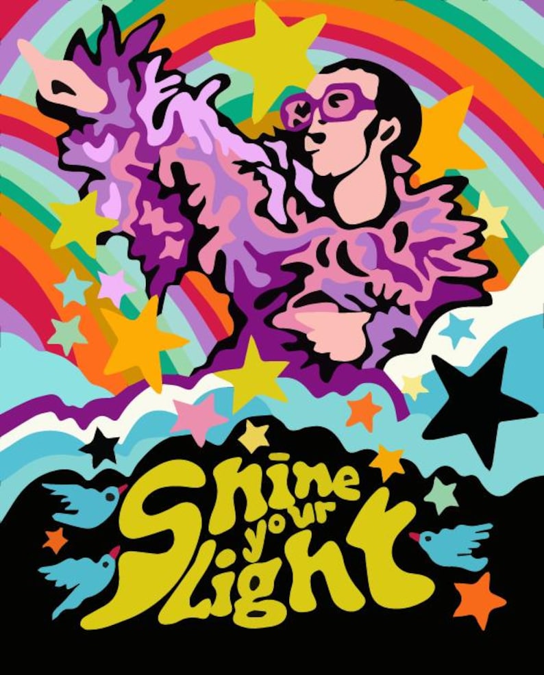 K&ouml;nnte beinhalten: Eine farbenfrohe Illustration einer Person, die eine lila und rosafarbene Federjacke mit Sonnenbrille tr&auml;gt und vor einem Regenbogen und Sternen steht. Der Text "Shine Your Light" ist in gelben Buchstaben geschrieben.