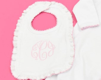 Monogrammed Baby Bib Pink Ruffle Trim Pima Cotton Bib Baby Girl