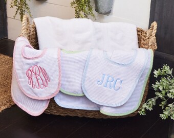 Monogrammed Bib and Burp Cloth Set for Baby Boy or Girl