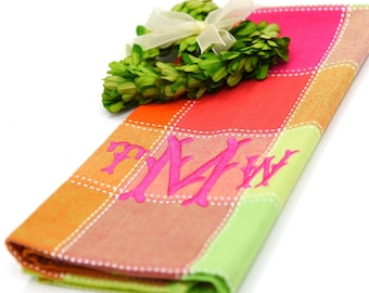 Monogrammed Dish Towel in Rainbow Plaid Guest Towel and Hand Towel