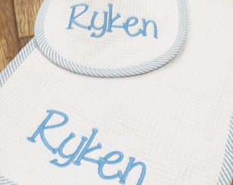 Monogrammed Bib and Burp Cloth Set Blue Seersucker