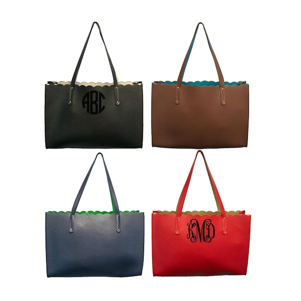 Monogrammed Scalloped Tote Purse Reversible Handbag Women’s Shoulder Bag Laptop Bag Scallop Trim Bag Personalized Handbag Ladies Gift