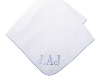 Monogrammed Baby Blanket Blue Piping Coming Home Blanket for Baby Boy