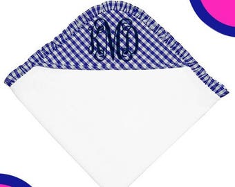 Monogrammed Hooded Baby Towel in Blue Gingham Terry Cloth Towel