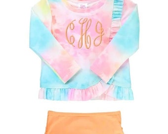 Girls Rash Guard Bikini Swimsuit in Rainbow Tie Dye Monogrammed for Girls