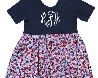 Girls American Dress Monogrammed Red White and Blue Twirl Dress