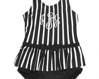 Baby Girls Swimsuit Black and White Stripes Skirted One Piece