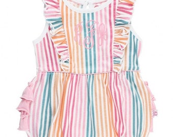 Monogrammed Bubble Romper in Rainbow Stripes Baby and Toddler Girl