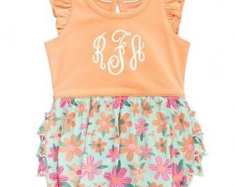 Monogrammed Bubble Romper in Spring Floral and Melon Baby Girl