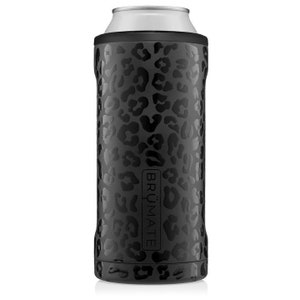 May include: Black and gray insulated can cooler with a leopard print design. The cooler has the word "BRÜMATE" printed on the side.