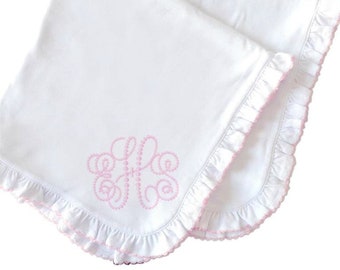 Monogrammed Baby Blanket Pink Stitching Ruffle Coming Home Blanket for Baby Girl Monogrammed Pima Cotton