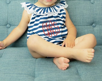 Girls Sun Bubble with Navy Stripes and Ruffled Neck