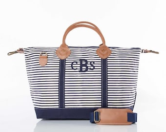 Monogrammed Weekender Duffle Bag - Navy Stripes Travel Bag Overnight Tote Canvas Duffle Bag Personalized Travel Bag