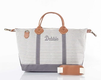 Gray Striped Weekender Duffle Bag Canvas Weekend Tote Monogrammed