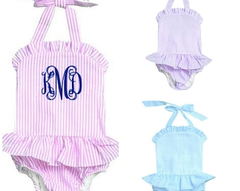 Monogrammed Onepeice Swimsuit Seersucker Ruffled Toddler and Baby Bathing Suit