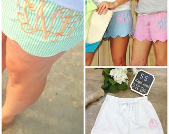 Monogrammed Seersucker Scalloped Shorts