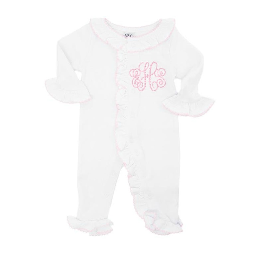 Monogrammed Baby Girl One Piece Romper With Pink Stitched Ruffles