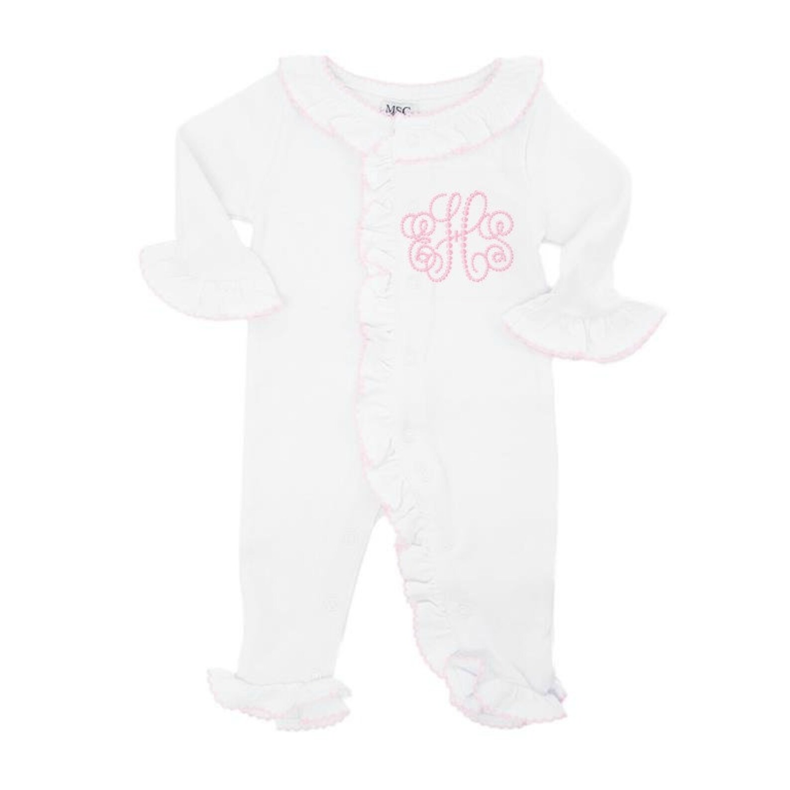 Monogrammed Baby Girl One Piece Romper With Pink Stitched Etsy