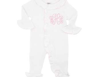 Monogrammed Baby Girl One Piece Romper with Pink Stitched Ruffles Personalized Newborn Outfit Baby Gift