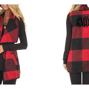 Monogrammed Buffalo Plaid Vest Womens Open Cardigan Red and Black Plaid Tunic Vest image 1