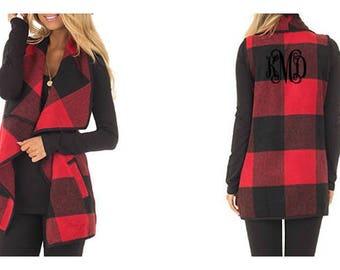 Monogrammed Buffalo Plaid Vest Women’s Open Cardigan Red and Black Plaid Tunic Vest