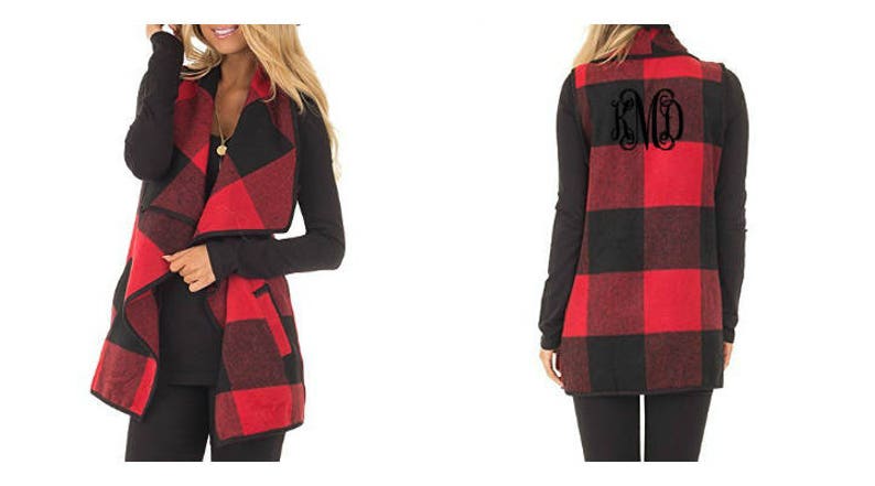 Monogrammed Buffalo Plaid Vest Womens Open Cardigan Red and Black Plaid Tunic Vest image 1