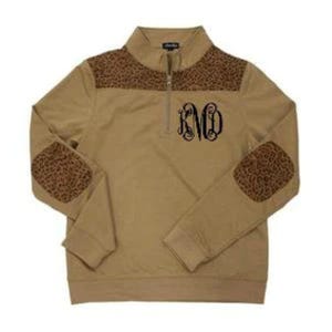 Monogram Leopard Print Pullover: Women's Quarter Zip Sweatshirt