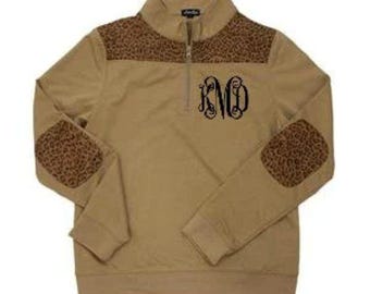 Monogram Leopard Print Pullover: Women's Quarter Zip Sweatshirt