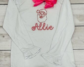 Girls Santa Tee:  Ruffled Long Sleeve Shirt Personalized