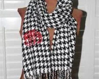 Monogrammed Houndstooth Scarf: Black and White Cashmere Feel