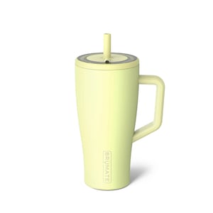 May include: A yellow stainless steel travel mug with a lid and a handle. The mug has a straw and the word "BRÜMATE" printed on the side.